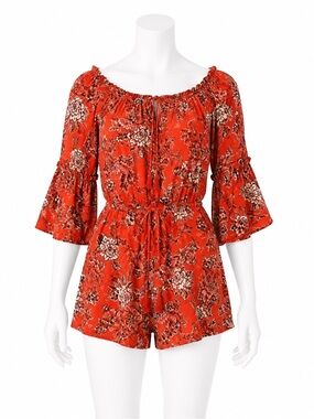 American Eagle Boho Floral Romper Off Shoulder Bell Sleeve Orange Red Small